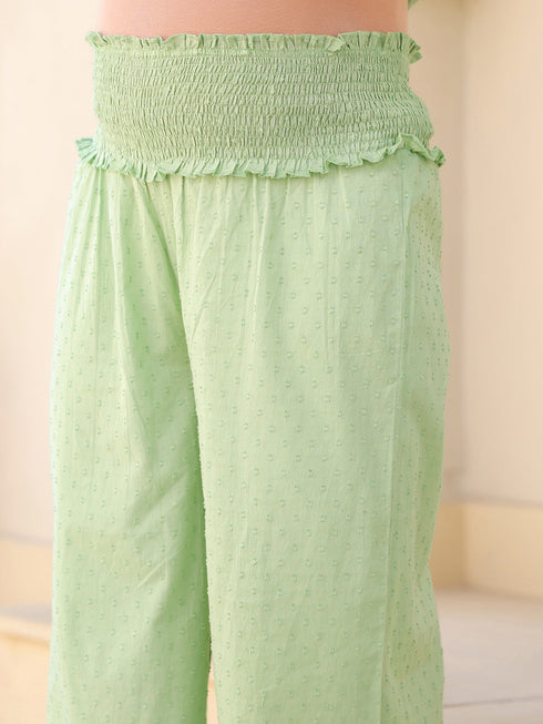 Janasya Women's Light Green Dobby Pure Cotton Yoke Embroidered A line Maternity Kurta Pant Set